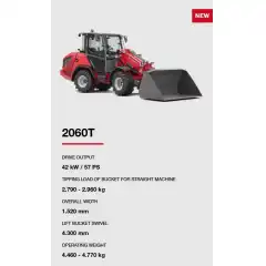 Next level: Thanks to the sturdy design of the telescopic arm, the telescopic wheel loader 2060T has a high lift height. It provides sound standard equipment and sophisticated technology. The attractive price-performance ratio makes the machine the ideal entry model within its class of powerful telescopic wheel loaders. As a result of the great range of options, the machine can be perfectly adapted to your own requirements and needs. An operator&rsquo;s canopy is installed as standard (optionally low/high) and a comfortable cabin is available with excellent ergonomics and all-round visibility as an optional extra. The following features characterize the 60-series: Simple entry and exit, electronic controlled drive system ecDrive with various operating modes, electric parking brake, sturdy central joint with optimized hose routing and very good maintenance access due to the transversely installed engine and optimized arrangement of the components.